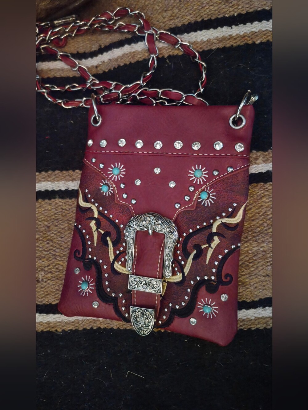 Embellished Red Western-Style Crossbody Bag with Decorative Buckle